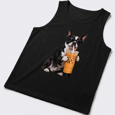 Funny illustration of a Boston Terrier holding iced coffee with a playful expression — printed on a tank top