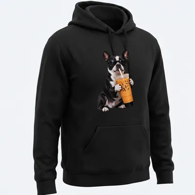 Funny illustration of a Boston Terrier holding iced coffee with a playful expression — printed on a unisex hoodie