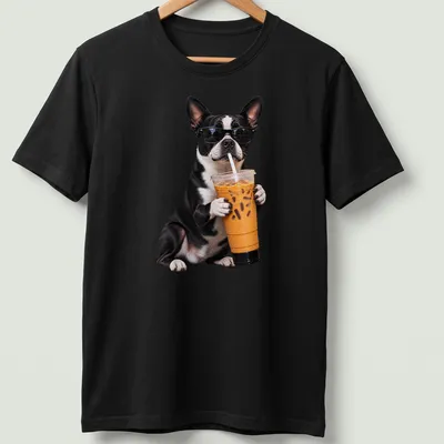 Funny illustration of a Boston Terrier holding iced coffee with a playful expression