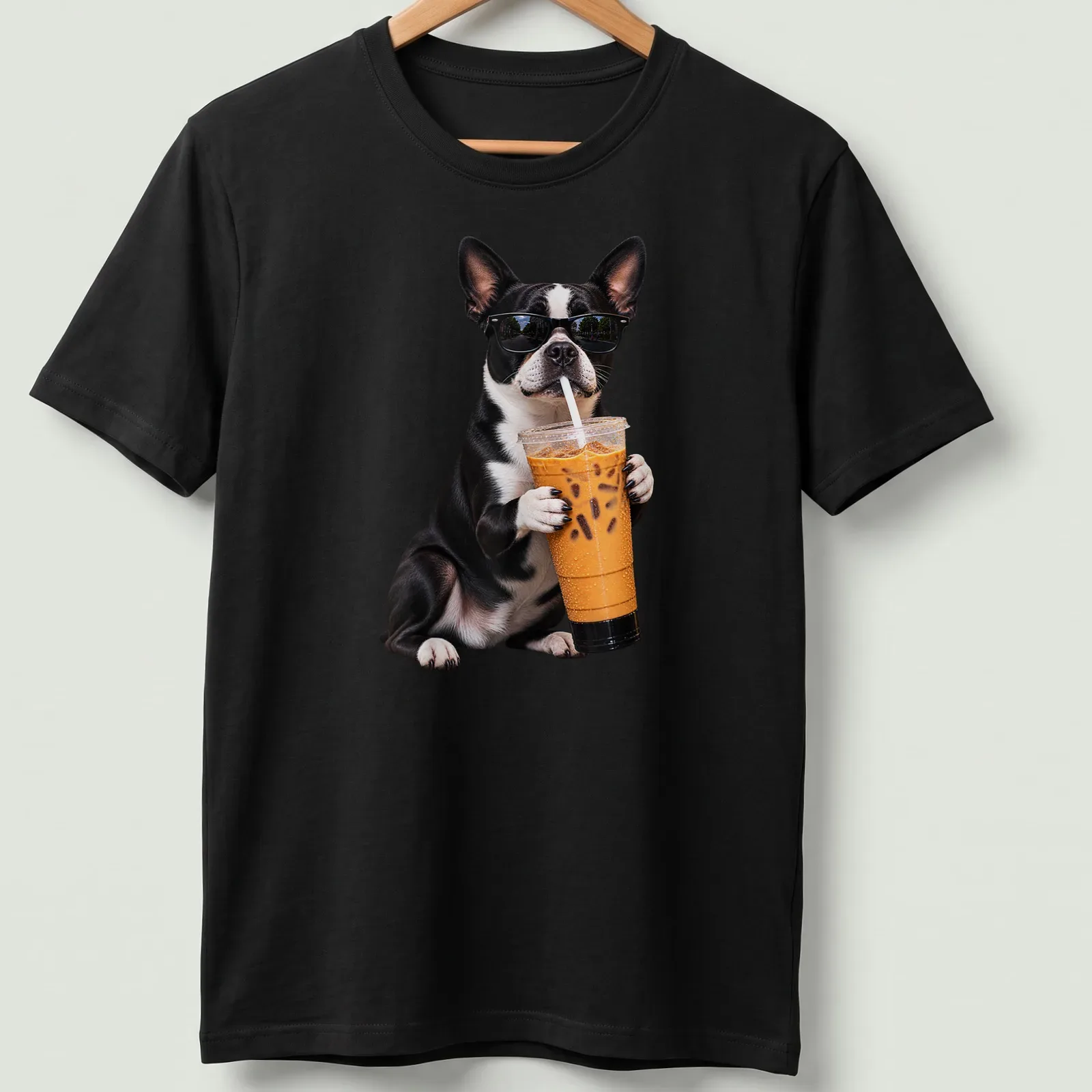 Funny illustration of a Boston Terrier holding iced coffee with a playful expression — printed on a unisex t-shirt