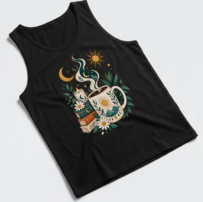 Botanical illustration of a coffee mug with sun and moon surrounded by plants — printed on a tank top