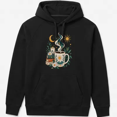 Botanical illustration of a coffee mug with sun and moon surrounded by plants — printed on a unisex hoodie