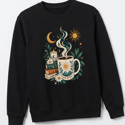 Botanical illustration of a coffee mug with sun and moon surrounded by plants — printed on a unisex sweatshirt