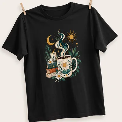 Botanical illustration of a coffee mug with sun and moon surrounded by plants