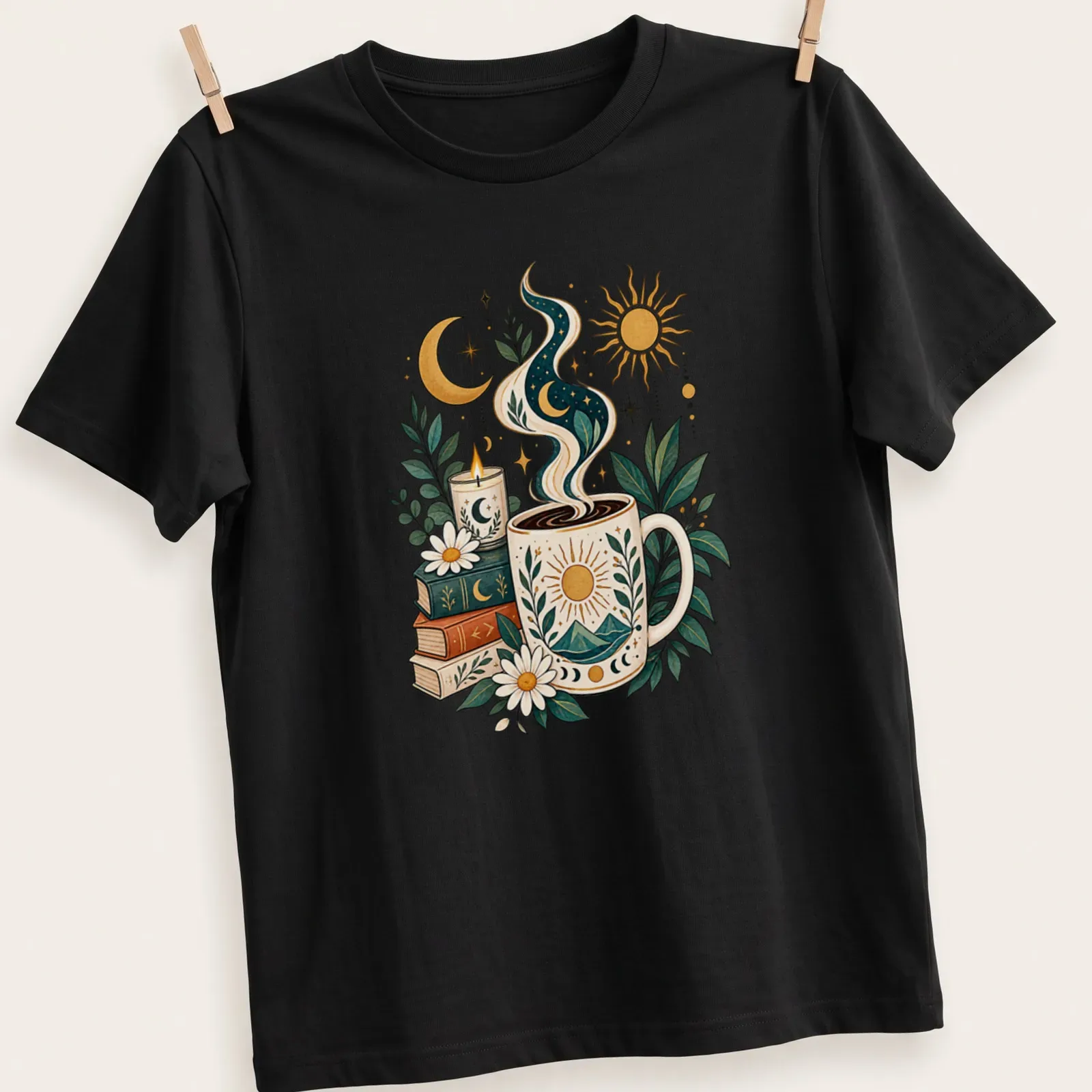 Botanical illustration of a coffee mug with sun and moon surrounded by plants — printed on a unisex t-shirt