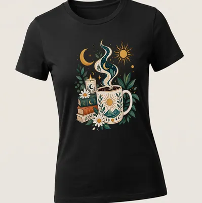 Botanical illustration of a coffee mug with sun and moon surrounded by plants — printed on a women's shirt