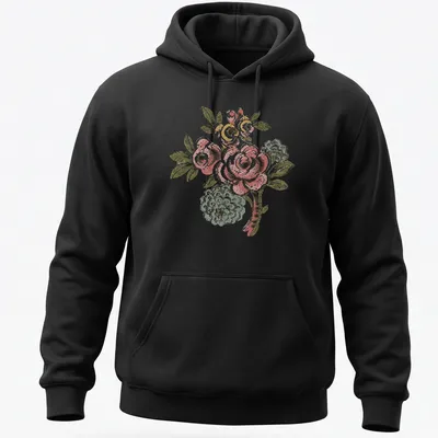 Vintage folk art t-shirt featuring a pink rose bouquet and colorful accents — printed on a unisex hoodie