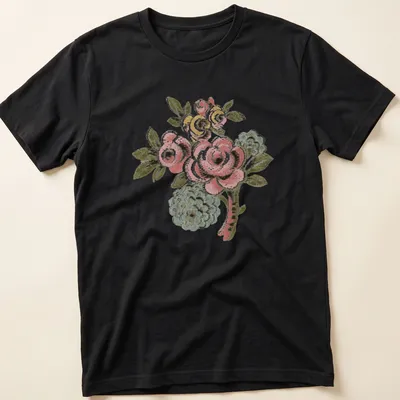 Vintage folk art t-shirt featuring a pink rose bouquet and colorful accents