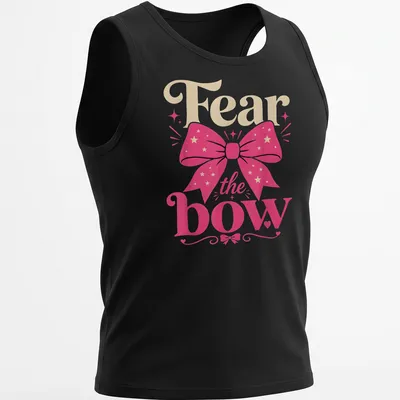 Colorful shirt featuring a playful design with a pink bow and the text 'Fear the bow' in vibrant colors. — printed on a tank top