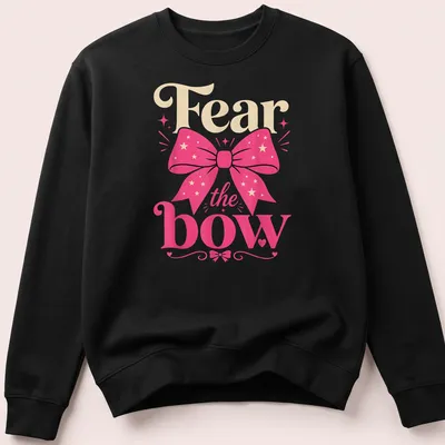 Colorful shirt featuring a playful design with a pink bow and the text 'Fear the bow' in vibrant colors. — printed on a unisex sweatshirt