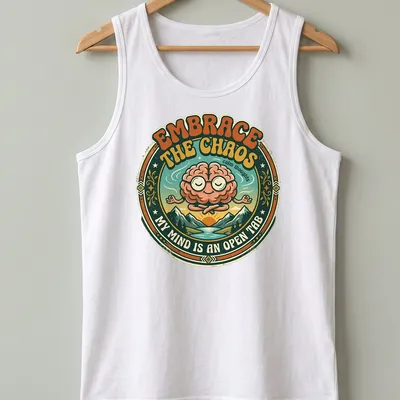 Retro style T-shirt featuring a meditating brain with colorful text about chaos and calm. — printed on a tank top