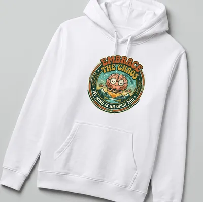 Retro style T-shirt featuring a meditating brain with colorful text about chaos and calm. — printed on a unisex hoodie