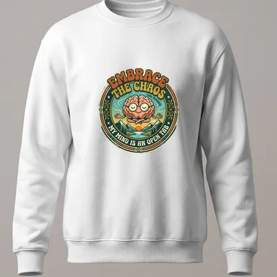 Retro style T-shirt featuring a meditating brain with colorful text about chaos and calm. — printed on a unisex sweatshirt