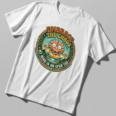 Retro style T-shirt featuring a meditating brain with colorful text about chaos and calm.