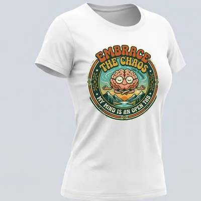 Retro style T-shirt featuring a meditating brain with colorful text about chaos and calm. — printed on a women's shirt