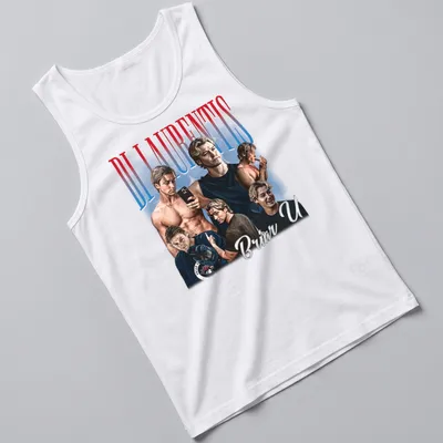 Vintage Dean Di Laurentis shirt with playful illustration and collegiate text. — printed on a tank top