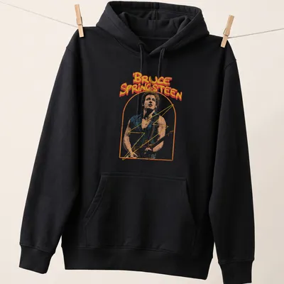 Retro distressed tee featuring Bruce Springsteen's name in bold colors — printed on a unisex hoodie