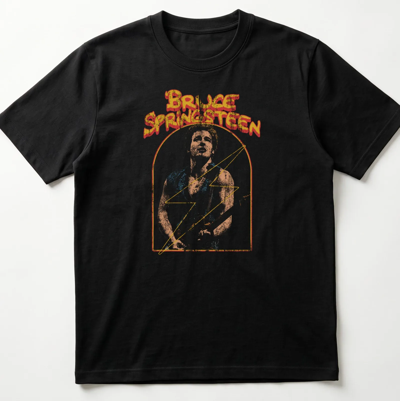 Retro distressed tee featuring Bruce Springsteen's name in bold colors — printed on a unisex t-shirt