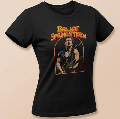 Retro distressed tee featuring Bruce Springsteen's name in bold colors — printed on a women's shirt