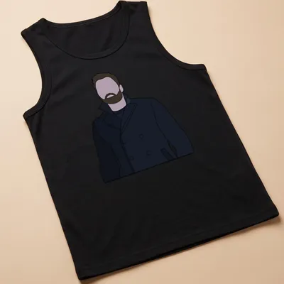 Flat illustration of Bucky Barnes in dark blue and light purple tones. — printed on a tank top