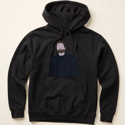 Flat illustration of Bucky Barnes in dark blue and light purple tones. — printed on a unisex hoodie
