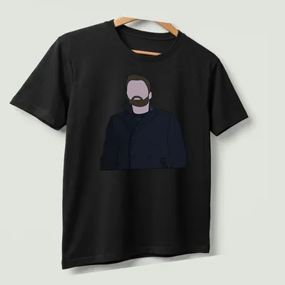 Flat illustration of Bucky Barnes in dark blue and light purple tones. — printed on a unisex t-shirt (angled view)