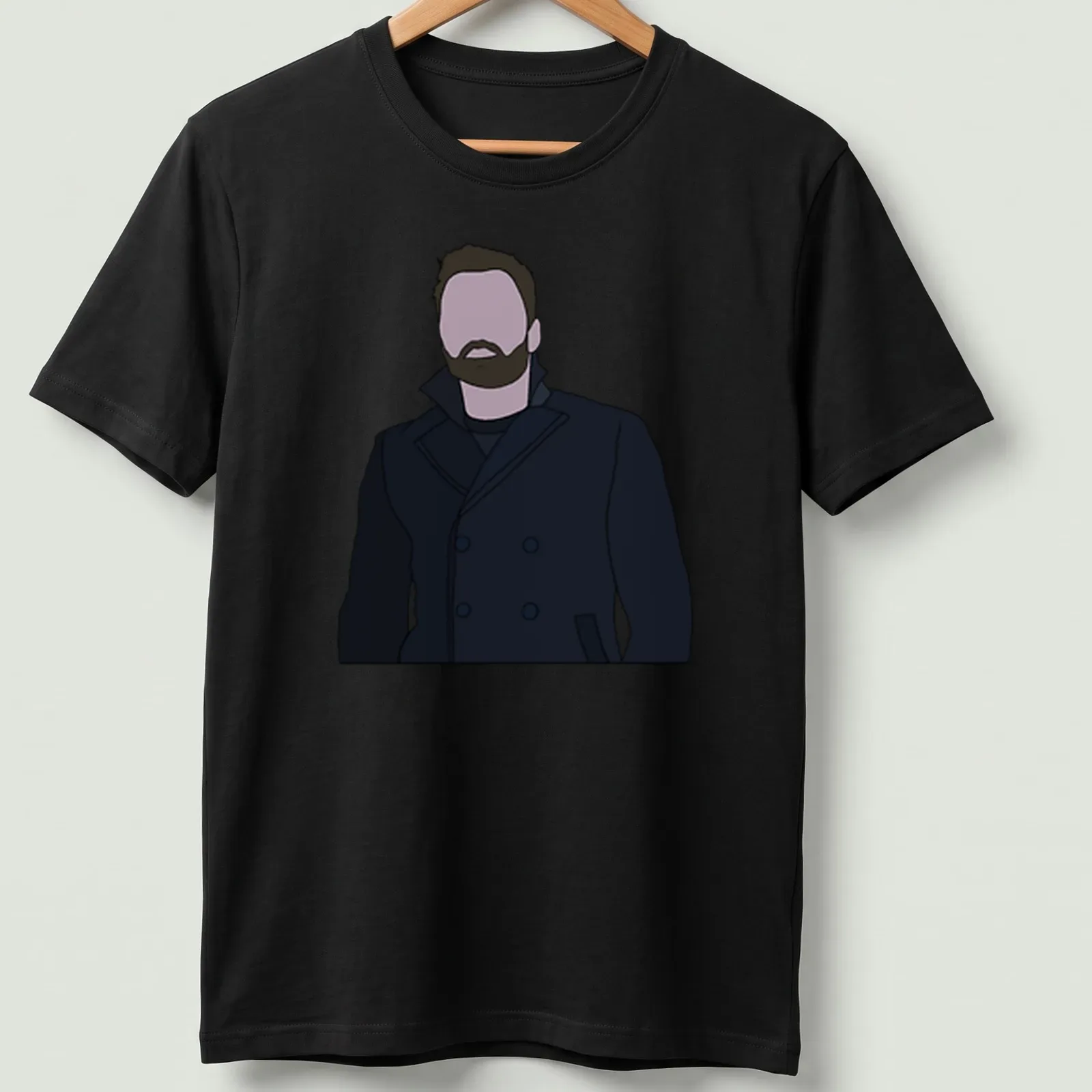Flat illustration of Bucky Barnes in dark blue and light purple tones. — printed on a unisex t-shirt