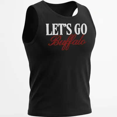 Buffalo football team t-shirt with script text LET'S GO Buffalo in red and white — printed on a tank top