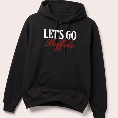 Buffalo football team t-shirt with script text LET'S GO Buffalo in red and white — printed on a unisex hoodie