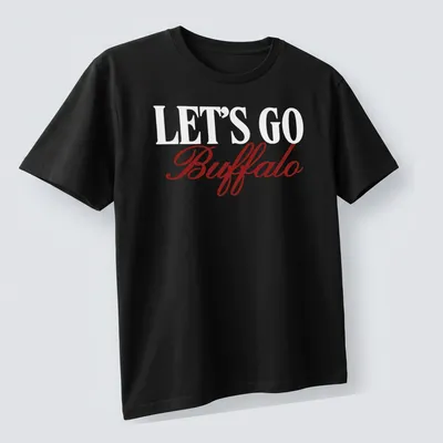 Buffalo football team t-shirt with script text LET'S GO Buffalo in red and white — printed on a unisex t-shirt (angled view)