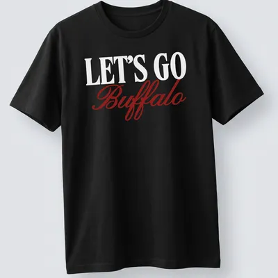 Buffalo football team t-shirt with script text LET'S GO Buffalo in red and white
