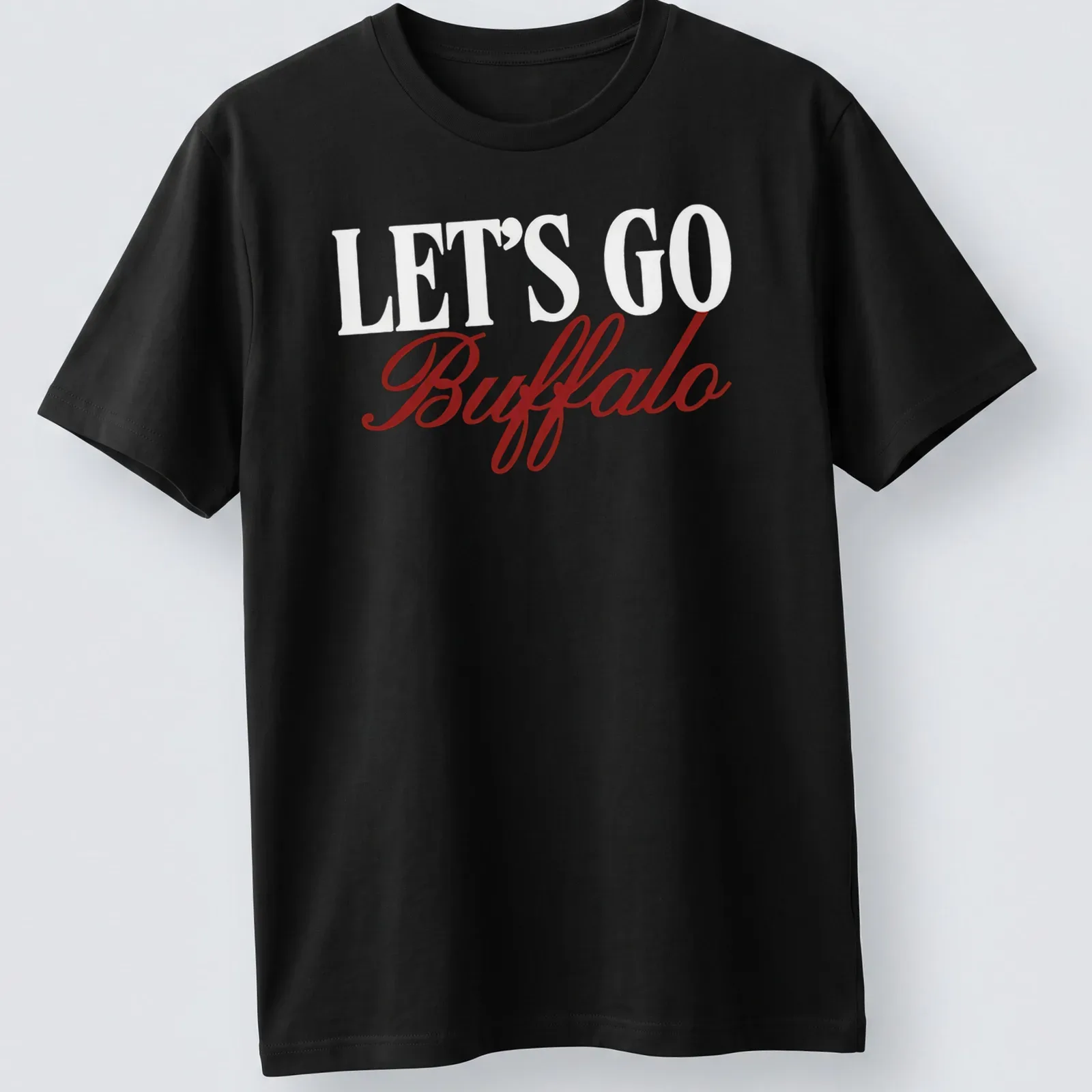 Buffalo football team t-shirt with script text LET'S GO Buffalo in red and white — printed on a unisex t-shirt