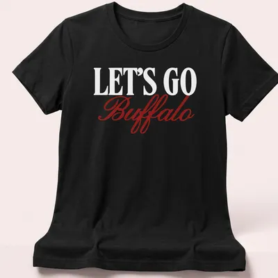 Buffalo football team t-shirt with script text LET'S GO Buffalo in red and white — printed on a women's shirt