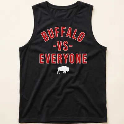 Bold typography Buffalo Football Team VS Everyone t-shirt in red and white — printed on a tank top