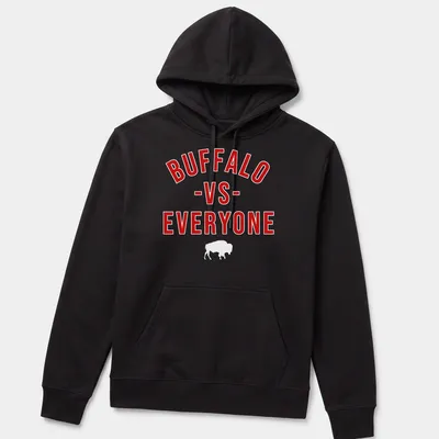 Bold typography Buffalo Football Team VS Everyone t-shirt in red and white — printed on a unisex hoodie