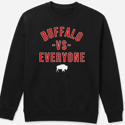 Bold typography Buffalo Football Team VS Everyone t-shirt in red and white — printed on a unisex sweatshirt