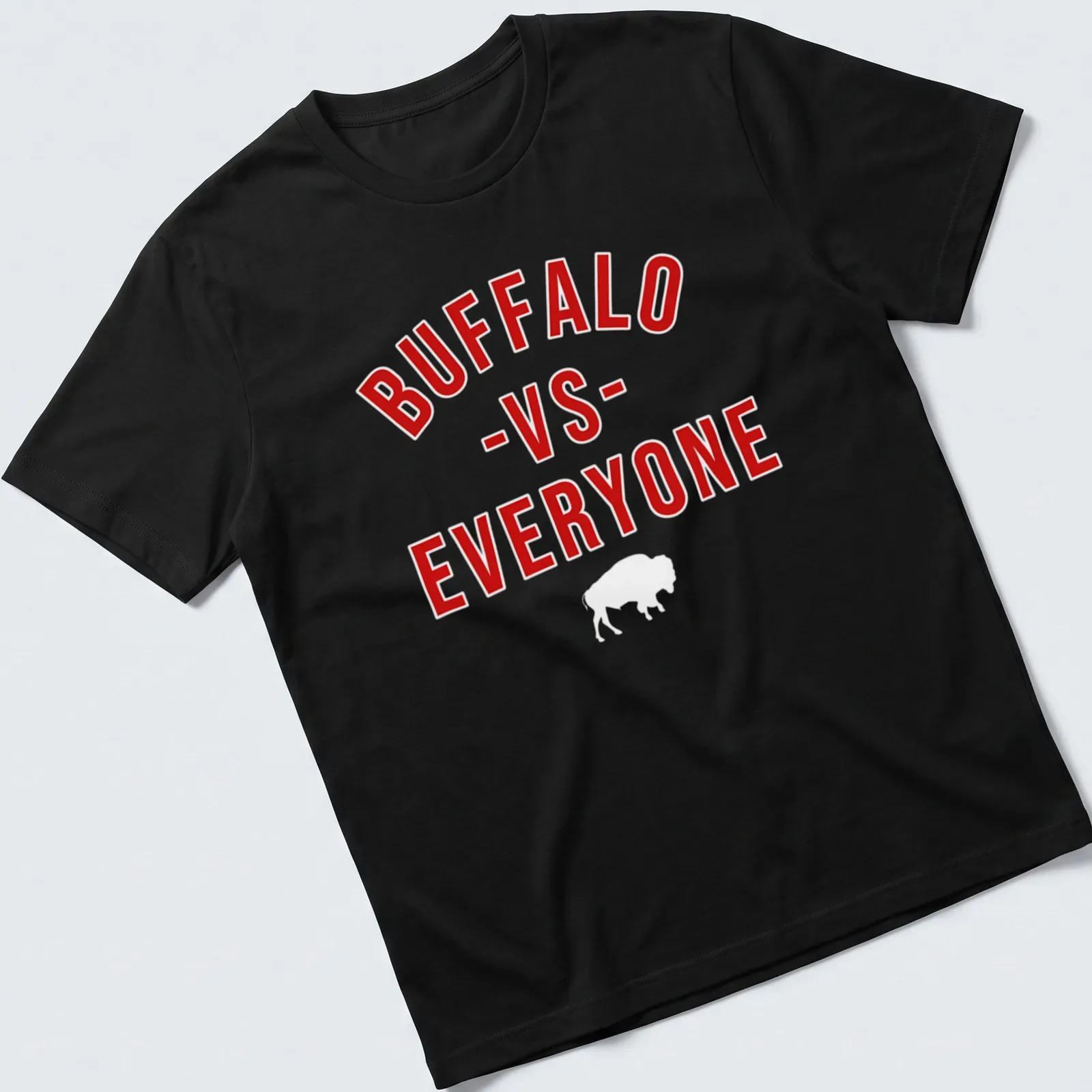 Bold typography Buffalo Football Team VS Everyone t-shirt in red and white — printed on a unisex t-shirt