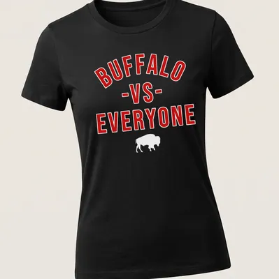Bold typography Buffalo Football Team VS Everyone t-shirt in red and white — printed on a women's shirt