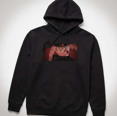 Anime style T-shirt featuring a playful bull character with Scribble King text. — printed on a unisex hoodie
