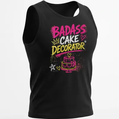 Bold typography shirt celebrating badass cake decorators in bright colors — printed on a tank top