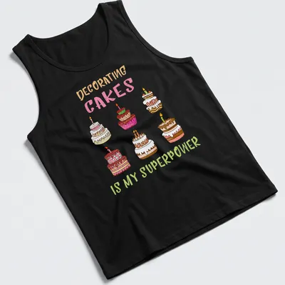 Kawaii line-art T-shirt with colorful decorated cakes and text about cake decorating. — printed on a tank top
