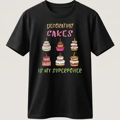 Kawaii line-art T-shirt with colorful decorated cakes and text about cake decorating.