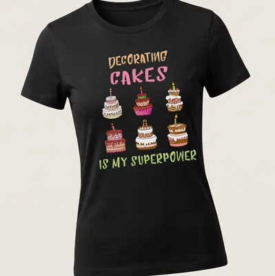 Kawaii line-art T-shirt with colorful decorated cakes and text about cake decorating. — printed on a women's shirt