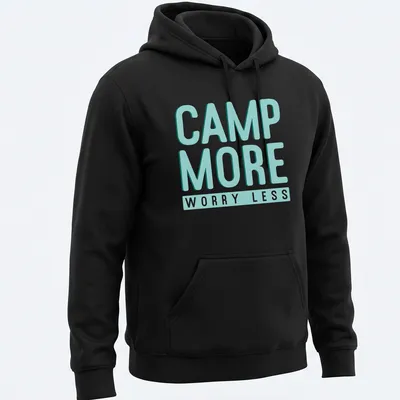 Bold modern Camp More Worry Less t-shirt with light blue and white text — printed on a unisex hoodie