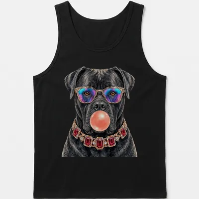 Realistic Cane Corso dog in rainbow sunglasses blowing bubble gum, vibrant colors — printed on a tank top