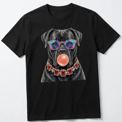 Realistic Cane Corso dog in rainbow sunglasses blowing bubble gum, vibrant colors
