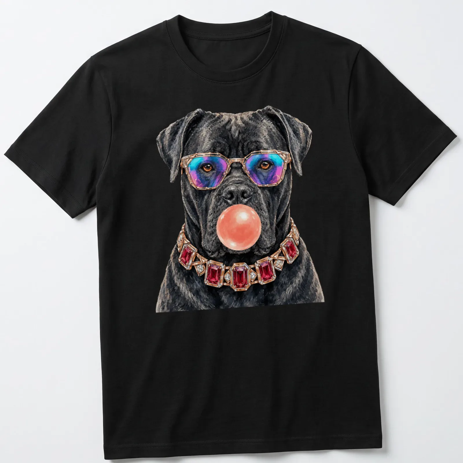 Realistic Cane Corso dog in rainbow sunglasses blowing bubble gum, vibrant colors — printed on a unisex t-shirt