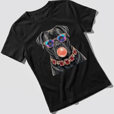 Realistic Cane Corso dog in rainbow sunglasses blowing bubble gum, vibrant colors — printed on a women's shirt