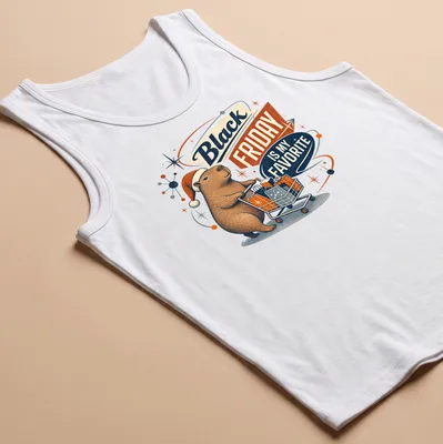 Retro graphic of a capybara with the text 'Black Friday Is My Favorite' in various colors. — printed on a tank top