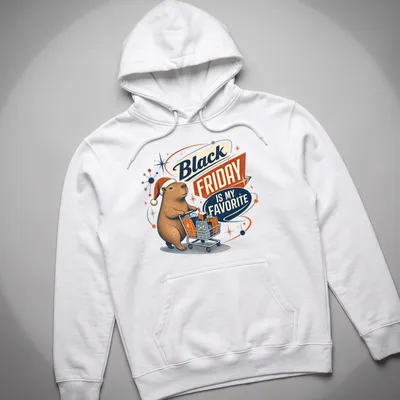 Retro graphic of a capybara with the text 'Black Friday Is My Favorite' in various colors. — printed on a unisex hoodie